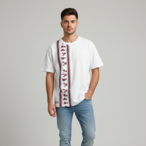 men’s white cotton t shirt with ethnic vertical print | casual & trendy wear